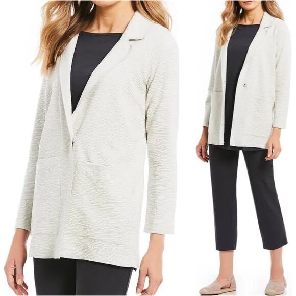 EILEEN FISHER Notch Collar Tencel Jacquard Textured Jacket Stone Grey Petite S - Picture 2 of 11